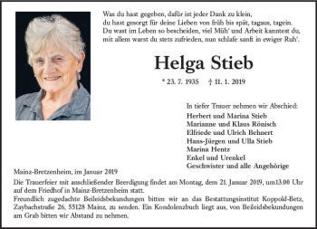 Traueranzeige von Helga Stieb von vrm-trauer