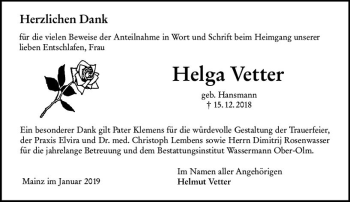 Traueranzeige von Helga Vetter von vrm-trauer