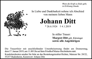 Traueranzeige von Johann Ditt von vrm-trauer