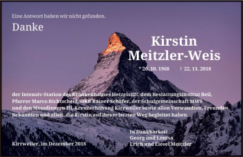 Traueranzeige von Kirstin Meitzler-Weis von vrm-trauer