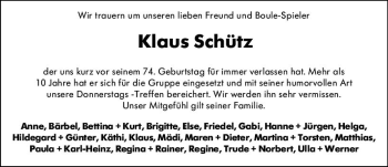 Traueranzeige von Klaus Schütz von vrm-trauer