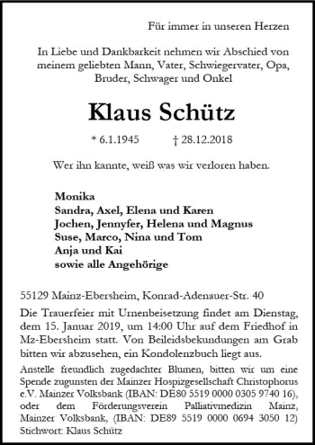 Traueranzeige von Klaus Schütz von vrm-trauer