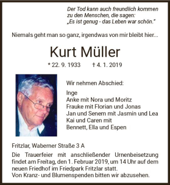 Traueranzeige von Kurt Müller von vrm-trauer