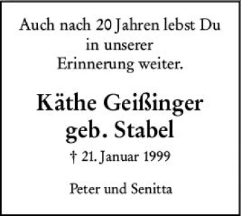 Traueranzeige von Käthe Geißlinger von vrm-trauer