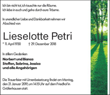 Traueranzeige von Lieselotte Petri von vrm-trauer