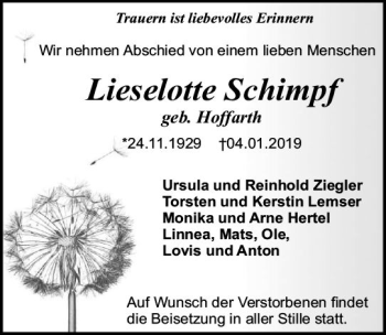 Traueranzeige von Lieselotte Schimpf von vrm-trauer