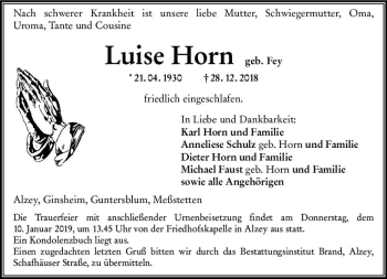 Traueranzeige von Luise Horn von vrm-trauer