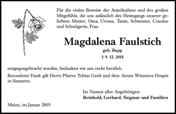 Traueranzeige von Magdalena Faulstich von vrm-trauer