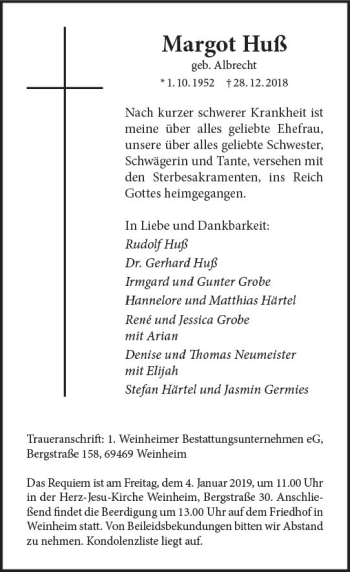Traueranzeige von Margot Huß von vrm-trauer