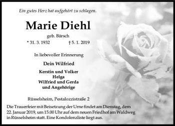 Traueranzeige von Marie Diehl von vrm-trauer