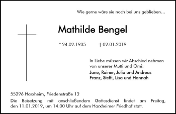 Traueranzeige von Mathilde Bengel von vrm-trauer