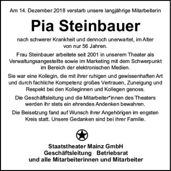 Traueranzeige von Pia Steinbauer von vrm-trauer