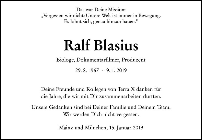  Traueranzeige für Ralf Blasius vom 19.01.2019 aus vrm-trauer