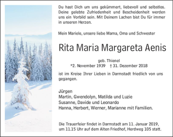 Traueranzeige von Rita Maria Margareta Aenis von vrm-trauer