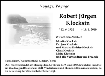 Traueranzeige von Robert Jürgen Klocksin von vrm-trauer