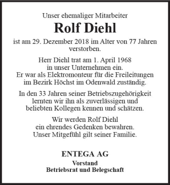 Traueranzeige von Rolf Diehl von vrm-trauer