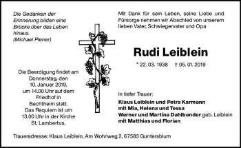 Traueranzeige von Rudi Leiblein von vrm-trauer