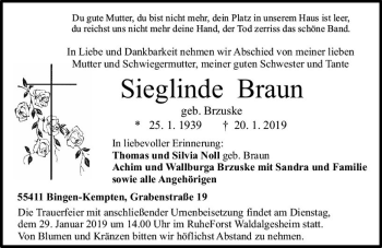 Traueranzeige von Sieglinde Braun von vrm-trauer