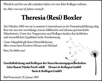 Traueranzeige von Theresia Resi Boxler von vrm-trauer