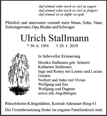 Traueranzeige von Ulrich Stallmann von vrm-trauer