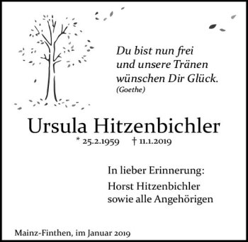 Traueranzeige von Ursula Hitzenbichler von vrm-trauer