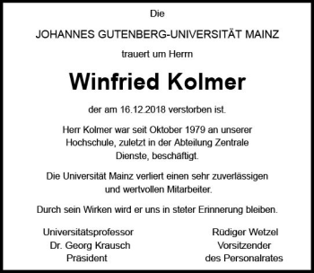 Traueranzeige von Winfried Kolmer von vrm-trauer