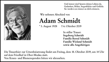 Traueranzeige von Adam Schmidt von vrm-trauer