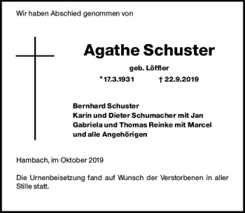Traueranzeige von Agathe Schuster von vrm-trauer