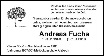 Traueranzeige von Andreas Fuchs von vrm-trauer