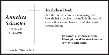 Traueranzeige von Annelies Schuster von vrm-trauer