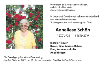 Traueranzeige von Anneliese Schön von vrm-trauer