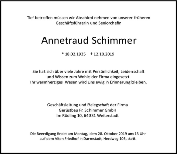 Traueranzeige von Annetraud Schimmer von vrm-trauer