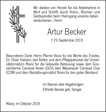 Traueranzeige von Artur Becker von vrm-trauer