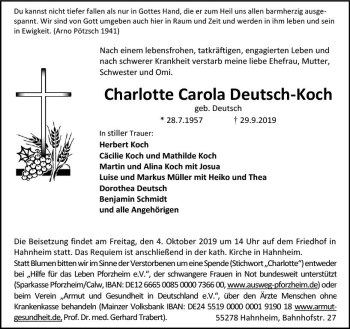 Traueranzeige von Charlotte Carola Deutsch-Koch von vrm-trauer