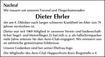 Traueranzeige von Dieter Ehrler von vrm-trauer