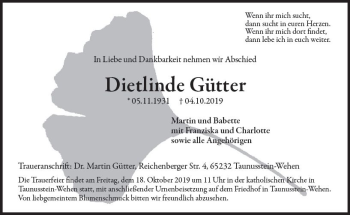 Traueranzeige von Dietlinde Gütter von vrm-trauer Traueranzeige von Dietlinde Gütter von vrm-trauer