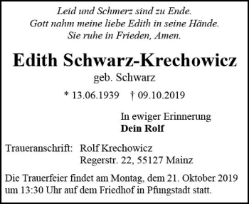 Traueranzeige von Edith Schwarz-Krechowicz von vrm-trauer