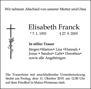 Traueranzeige von Elisabeth Franck von vrm-trauer
