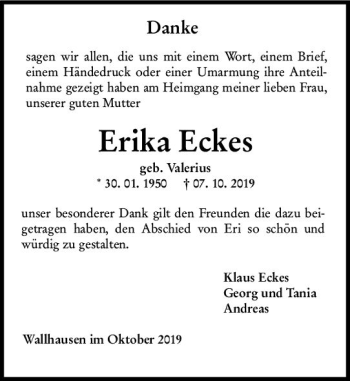 Traueranzeige von Erika Eckes von vrm-trauer