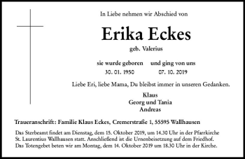Traueranzeige von Erika Eckes von vrm-trauer