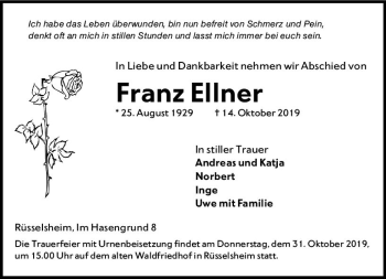 Traueranzeige von Franz Ellner von vrm-trauer