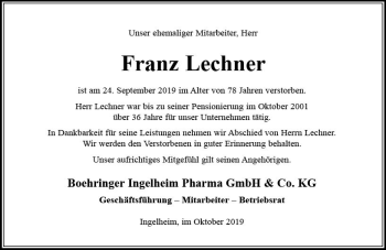 Traueranzeige von Franz Lechner von vrm-trauer