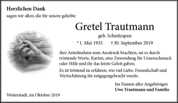 Traueranzeige von Gretel Trautmann von vrm-trauer