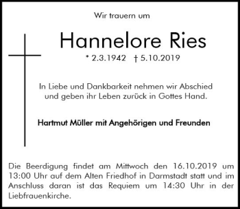 Traueranzeige von Hannelore Ries von vrm-trauer