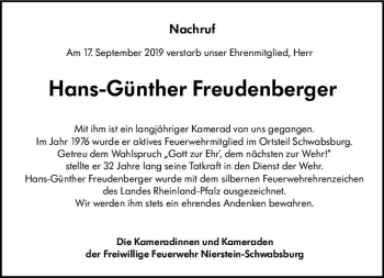 Traueranzeige von Hans-Günther Freudenberger von vrm-trauer