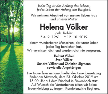 Traueranzeige von Helena Völker von vrm-trauer
