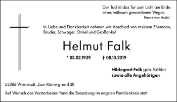 Traueranzeige von Helmut Falk von vrm-trauer