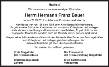 Traueranzeige von Hermann Franz Bauer von vrm-trauer