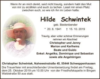 Traueranzeige von Hilde Schwintek von vrm-trauer