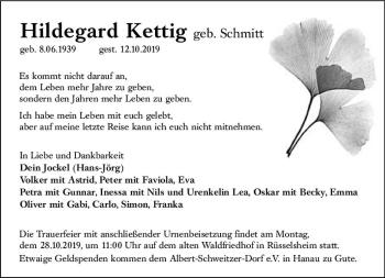 Traueranzeige von Hildegard Kettig von vrm-trauer